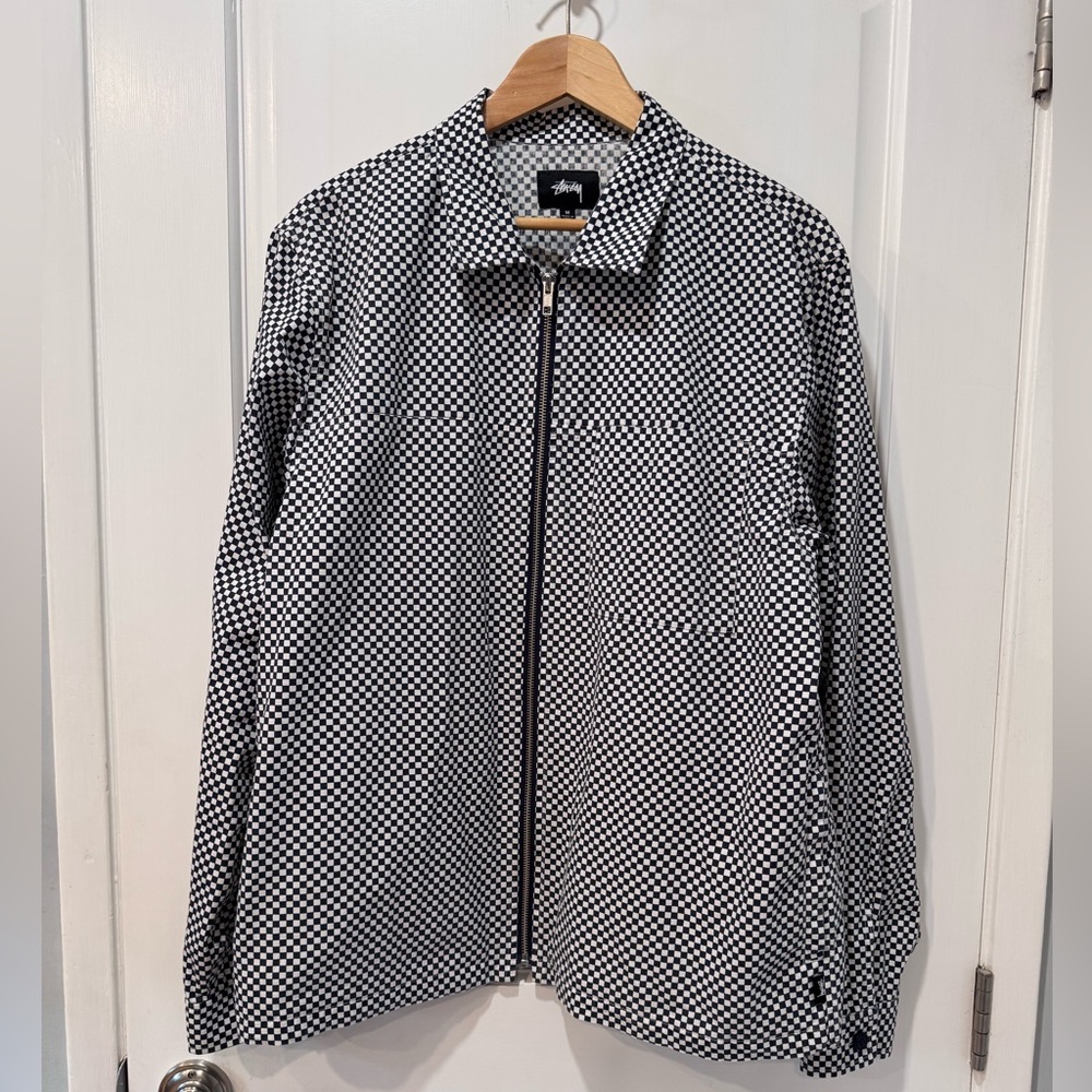 Stussy Black and White Checkered jacket size medium with zipper overshirt